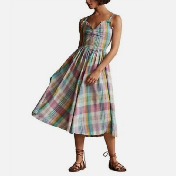 Polo Ralph Lauren Madras Plaid Ruffle Midi Dress Teen Sz‎ 16 *FITS WOMENS SMALL* - Picture 1 of 15